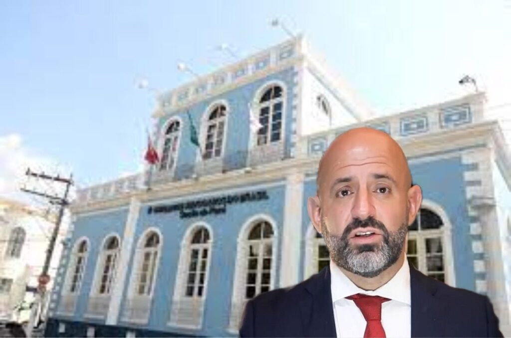 Foto da sede da OAB-PA com a foto do presidente da entidade, Eduardo Imbiriba, acusado de fraudar a eleição em que saiu vencedor.